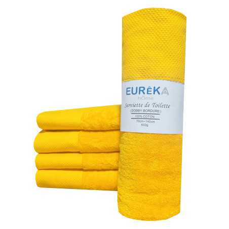 Serviette de Bain avec Bordure Dobby Eurêka Home - 100% Coton - 70 x 140 Cm - 600g - Jaune
