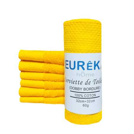 Serviette de toilette pour Invité Bordure Dobby Eurêka Home - 100% Coton - 32 x 32 Cm - 60g - Jaune