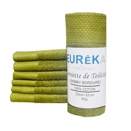 Serviette de toilette pour Invité Bordure Dobby Eurêka Home - 100% Coton - 32 x 32 Cm - 60g - Khaki