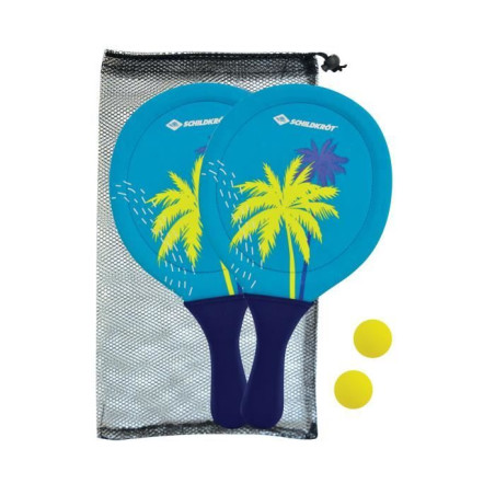 Raquettes de beachball - SCHILDKROT&nbsp;- Néoprene jaune/bleu impression verte - 2 balles Ø40mm - Sac filet refermable