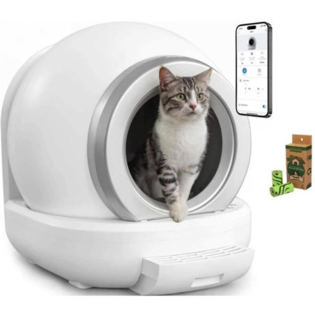 KITTY - Litiere autonettoyante pour chats 65 L démontable et lavable - Connectivité APP- 57 x 50 x 53 cm