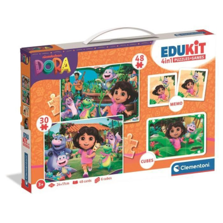 CLEMENTONI - Edukit 4 en 1 - Dora - Puzzle, Mémo, Cubes - Apprentissage Préscolaire Ludique - Idée Cadeau pour Enfants