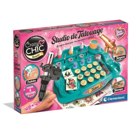 CLEMENTONI - Studio de tatouage temporaires pour enfant - Kit complet - Pochoirs, peintures corps et transfert - Des 7 ans
