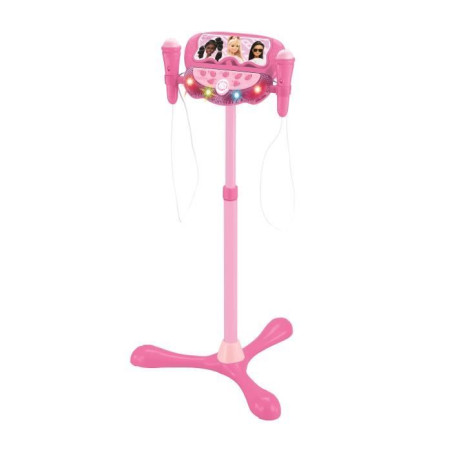 Microphone Barbie sur pied ajustable lumineux avec enceinte, 2 Micros et Effets vocaux, Enceinte Bluetooth