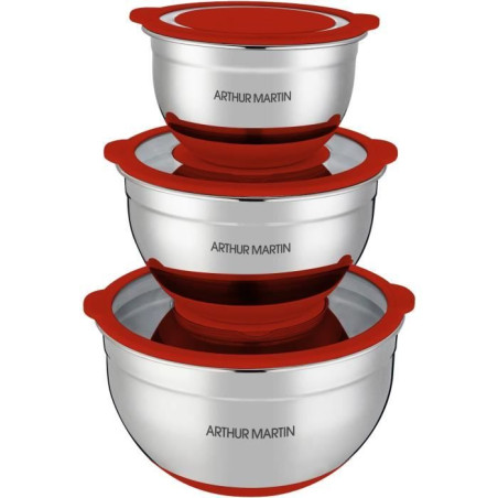 Set de saladiers - ARTHUR MARTIN - AM032 - 16-20-24 cm - Couvercles hermétiques - Acier inoxydable - Fond en silicone anti-dér