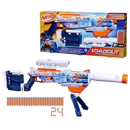 Nerf Loadout Arctic Zerostriker, blaster avec 4&nbsp;accessoires interchangeables, 24&nbsp;fléchettes Nerf N1, chargeur interne 6&nbsp;flé