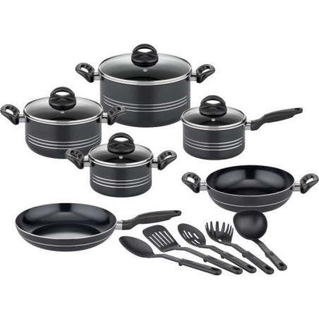 Batterie de cuisine - Induction - GSW - MILANO NERO - 15 pieces - Aluminium massif - Noir