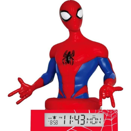 Réveil avec figurine 3D Spiderman lumineux - Indique heure, date et fonction alarme - Fonctionne avec 3 piles LR06 non incluses