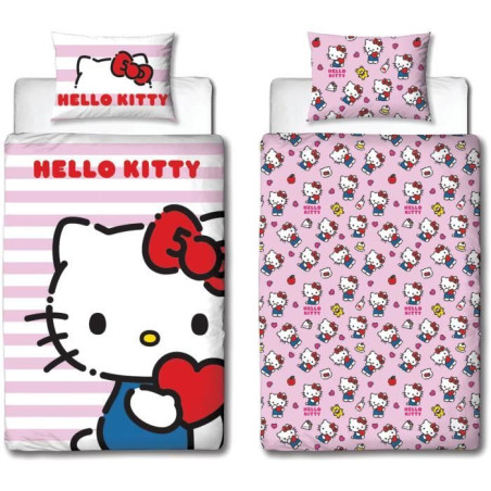 Parure de lit réversible - HELLO KITTY - Microfibre - 1 housse de couette 140 x 200 cm + 1 taie 63 x 63 cm