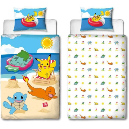 Parure de lit - POKEMON - Pikachu a la plage - Microfibre - 1 housse de couette 140 x 200 cm + 1 taie 63 x 63 cm