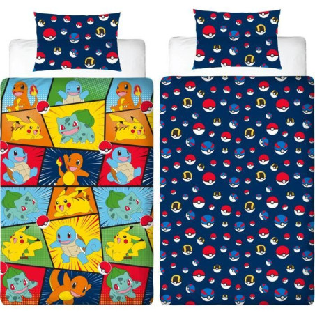 Parure de lit réversible - POKEMON - Starter & Poké-ball - Microfibre - 1 housse de couette 140 x 200 cm + 1 taie 63 x 63 cm