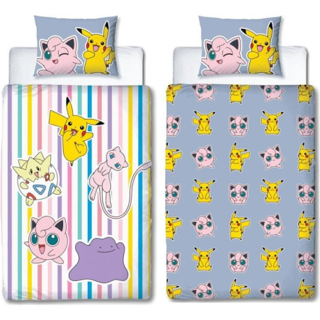 Parure de lit réversible - POKEMON - Pikachu, Mew, Togepi, Jigglypuff & Métamorph - Microfibre - 140 x 200 cm + 1 taie 63 x 63