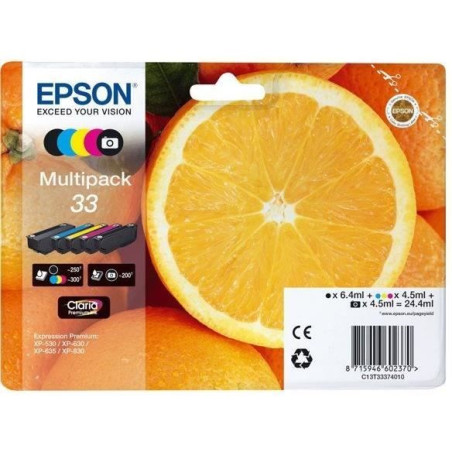 Cartouche imprimante - EPSON - 33 Claria C13T33374011 - Cyan, magenta, jaune, noir, photo noire - Pack de 5 - 24,4 ml