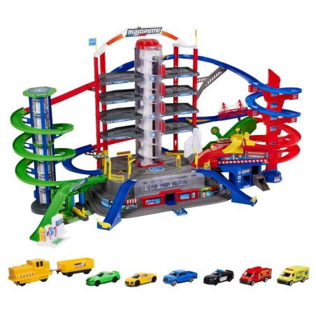 Majorette - Super city garage - 2 niveaux - Sons et lumieres - 6 véhicules métal + 1 train - 128 x 78 x 73 cm