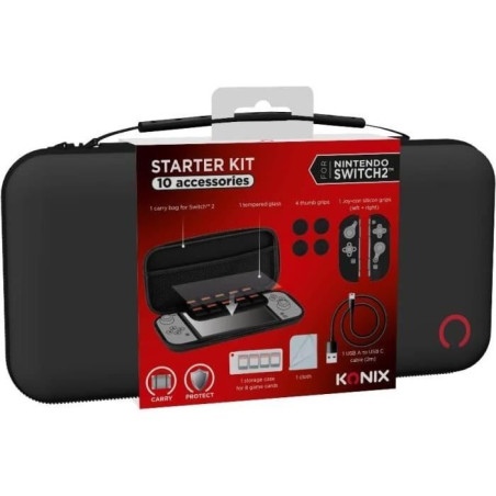 Pack d'accessoires gaming - KONIX - Nintendo Switch 2 - Housse - 4 appuie-pouces - Verre trempé - Boîtier 9 jeux - Écouteurs
