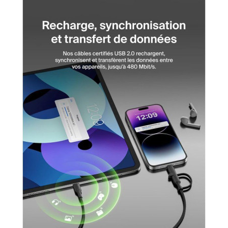 Câble 2-en-1 - BELKIN - USB-C et Lightning - Noir