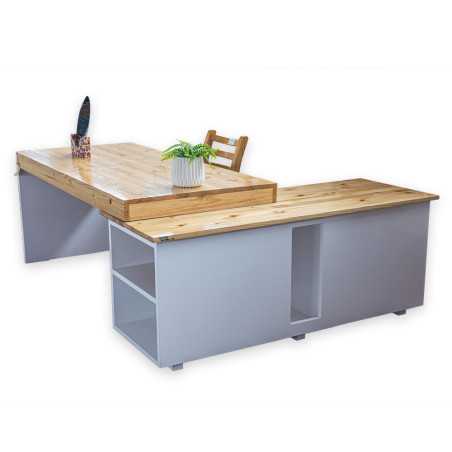 Meuble de bureau caisson MDF Pin Bicolore Laqué Blanc/Vernis naturel + chaise Pin Verni naturel