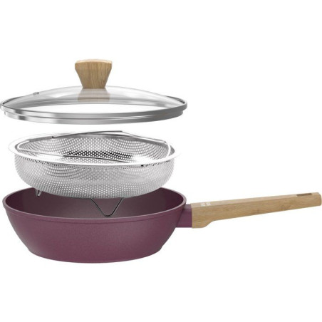 Sauteuse - Tous feux dont induction - ARTHUR MARTIN - AM3056 - Revetement céramique - Ø 24 cm - Couvercle et panier inox - Prune