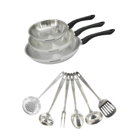 Set 3 poeles 20 24 et 28 cm en inox et 6 ustensiles inox Fackelmann Geneva
