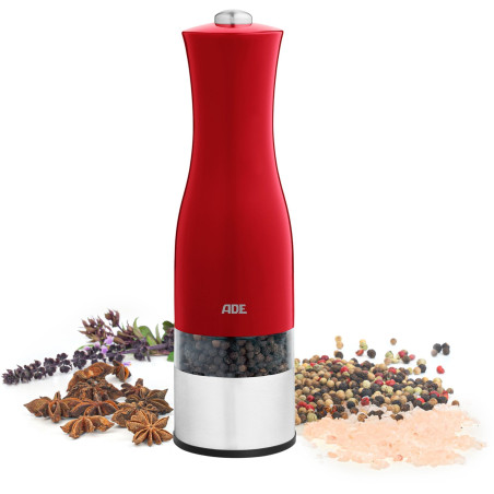 Moulin Poivre/Sel électrique - ADE -KITCHEN GADGETS - Acier inoxydable/plastique - H 22,5 cm - Inclus 6 pilles AAA - Rouge