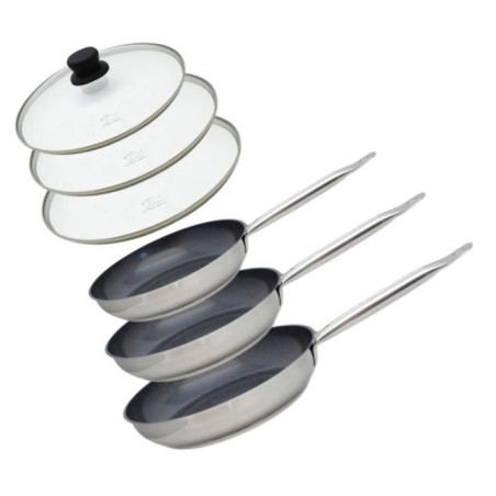 Set de 3 poeles a induction avec couvercles en verre - ELO - Professional - Inox 18/10 ELODUR - Ø 24-28 et 32 cm