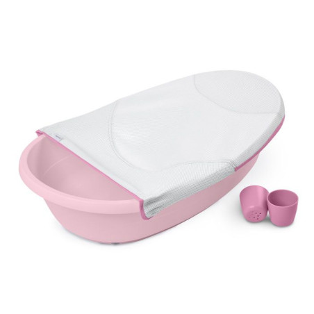 INGENUITY Baignoire bébé évolutive rose, extra-large, transat bébé hamac en tissu, support bébé assis, 2 jeux d'eau de 0