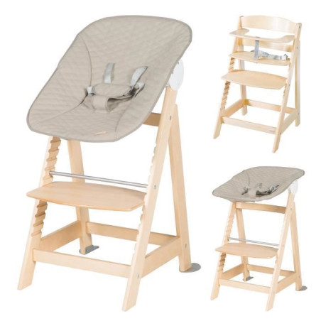 ROBA Chaise Haute Évolutive Born Up 2 en 1 + Transat Inclinable - Greyish matelassé - Des la Naissance - Bois Naturel