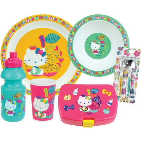 Lot vaisselle - FUN HOUSE - HELLO KITTY - Verre, Assiette creuse Ø16 cm, Asiette Ø22 cm, Couverts, Gourde, Boîte a goûter