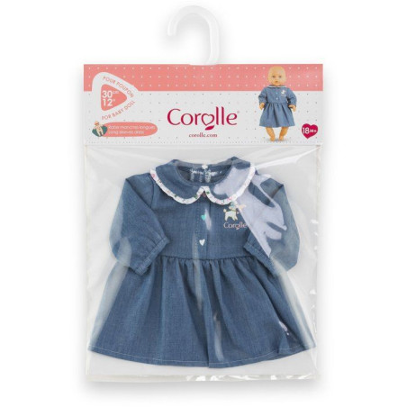 Robe Week-end a Paris - Corolle - 30 cm - Imitation denim - Col claudine - Broderies coeurs