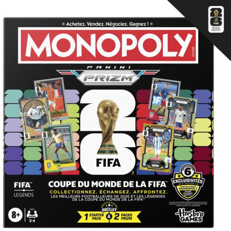 Monopoly Coupe du monde FIFA 2026, jeu de société de football avec booster cartes Panini Prizm FIFA World Cup 2026, des 8&nbsp;ans