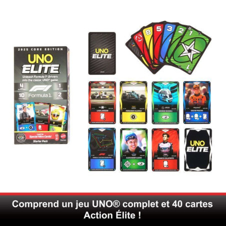 UNO Élite Formula 1 Édition - Jeu de cartes - Avec 4 boosters - Mattel Games - JLV42 - 7 ans et +