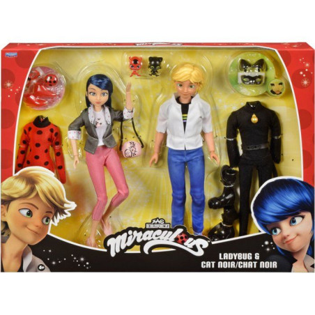 Pack 2 figurines - BANDAI - Miraculous - Marinette et Adrien avec 2 tenues Ladybug Chat Noir, accessoires - 26 cm