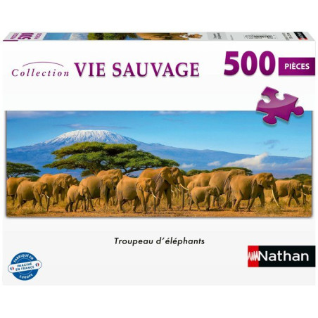 Nathan-Puzzle Adulte 500 pieces-Troupeau d'éléphants (panoramique)-des 12 ans-Pz qualité supérieure-Collection Vie sauvage 1