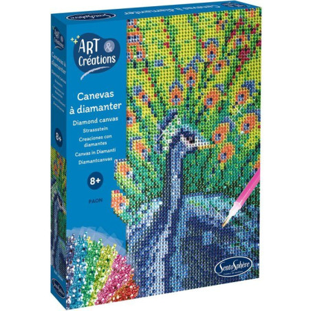 Création a base de mini strass - SENTOSPHERE - Art & Créations - Canevas a Diamanter - Paon - Des 8 ans