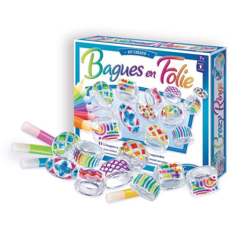 Kit creatif bijoux - SENTOSPHERE - Bagues en Folies - 12 bagues transparantes a peindre - 10 couleurs - Des 7 ans