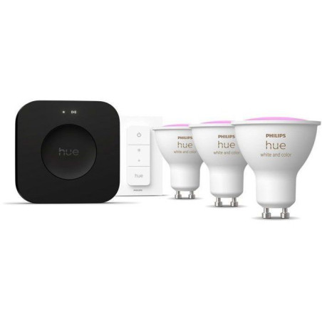 Kit de démarrage - PHILIPS HUE - Lumiere blanche et ambiance colorée - 1 Bridge Pro + 3 3 spots GU10 400 lumens + 1 dimmer swi