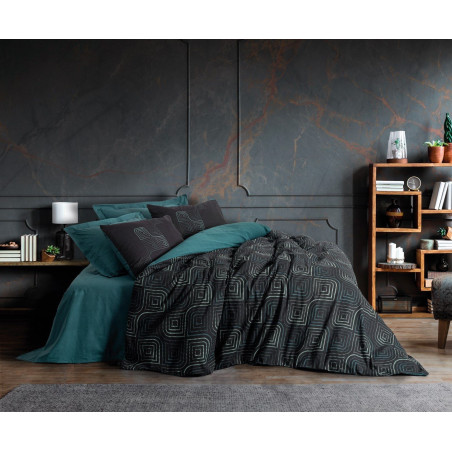 Parure de lit - 1 housse de couette 140 x 200cm + 1 taies d'oreiller 60 x 60 cm - 100% coton renforcé - Imprimé Bleu pétrole