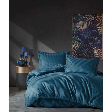 Parure de lit - 1 housse de couette 140 x 200cm + 1 taies d'oreiller 60 x 60 cm - Satin - Imprimé rayures Bleu