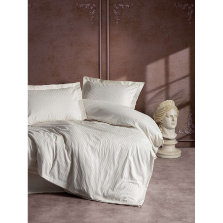 Parure de lit - 1 housse de couette 140 x 200cm + 1 taies d'oreiller 60 x 60 cm - Satin - Imprimé rayures Ecru