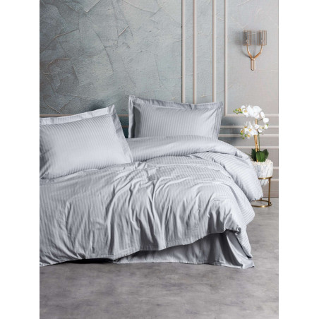 Parure de lit - 1 housse de couette 140 x 200cm + 1 taies d'oreiller 60 x 60 cm - Satin - Imprimé rayures Gris