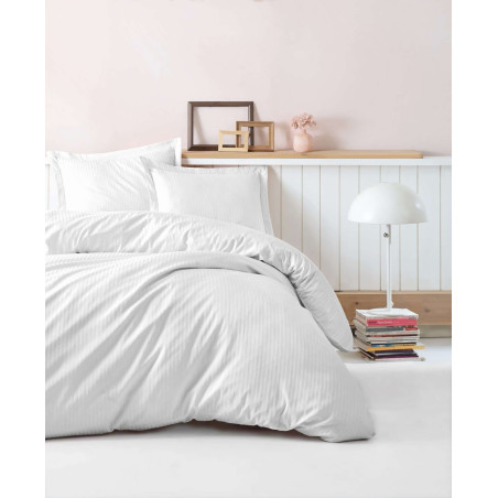 Parure de lit - 1 housse de couette 140 x 200cm + 1 taies d'oreiller 60 x 60 cm - Satin - Imprimé rayures Blanc