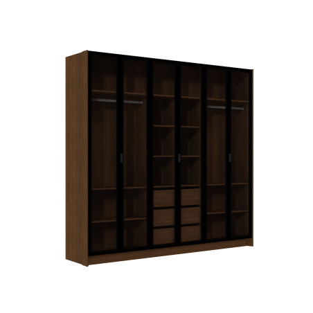 Armoire 6 portes VENEZA - avec 6 portes en Verre Fumé et 3 Tiroirs - sans Miroir ni Pieds
