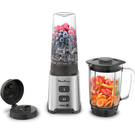 Mixeur MOULINEX Pulseo - Bol en verre 0,7L + Gourde nomade 0,6L - Gris Acier & Noir