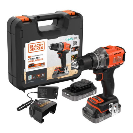 Perceuse visseuse sans fil 18V + 2 batteries 2Ah + chargeur - BLACK&DECKER - BCD382D2XK-QW - Avec mallette de transport