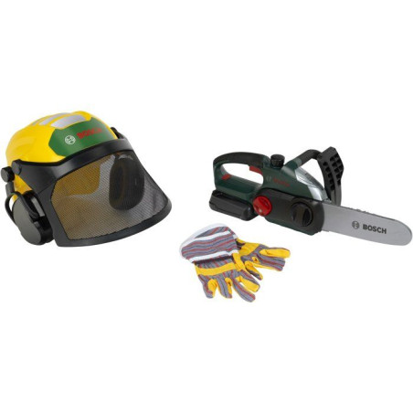 Set bûcheron Bosch - KLEIN - 8197 - Tronçonneuse électronique, casque avec visiere et gants - Jouet d'imitation - Des 3 ans