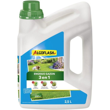 Engrais gazon - Gazon liquide 3 en 1 - Concentré - Jusqu'a 250 m² - 2,5 L - ALGOFLASH
