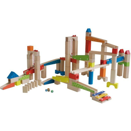 Circuit a billes en bois - ROBA - 20 billes en verre - 80 briques de construction - Naturel / Rouge / Bleu / Vert