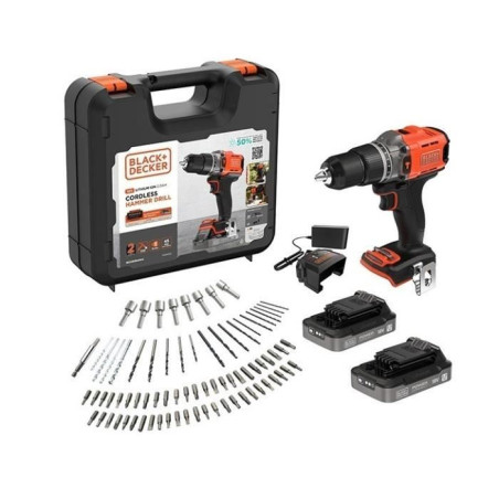 Perceuse a percussion sans fil BLACK+DECKER - BCD383D2XKA-QW - 18V - 2 batteries 2.0Ah - Mallette de 80pcs