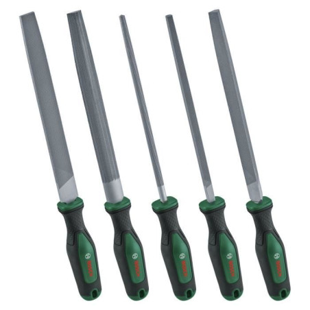 Bosch Set de 5 limes (limes ronde/demi-ronde/plate/triangulaire/carrée acier au carbure dur course moyenne 2 Softgrip)