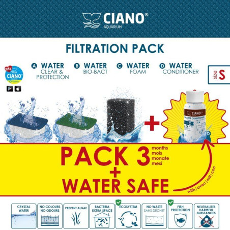 Pack entretien aquarium - CIANO - Taille S - 3 cartouches - Conditionneur - Traitement eau